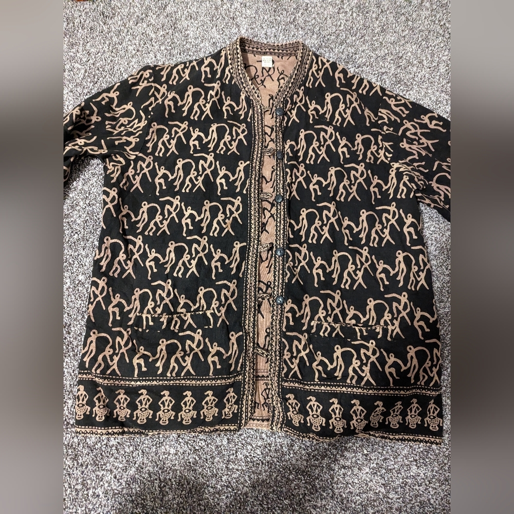 Art To Wear Reversible Primitive Stick Drawing Jacket Size L Cotton India Tribal